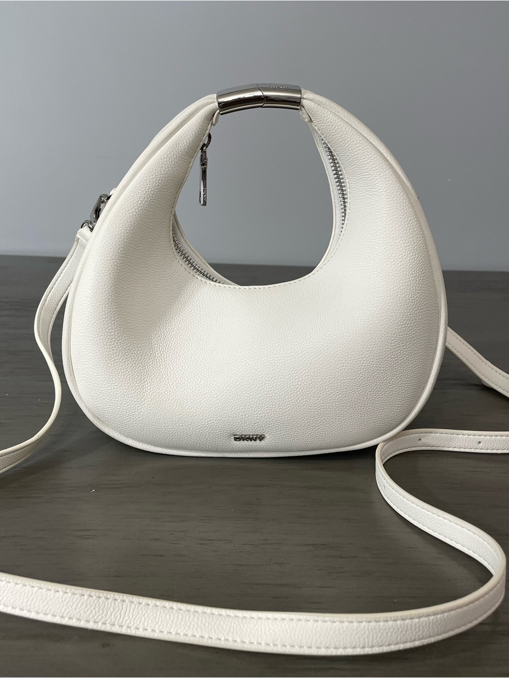 DKNY White Crescent Shoulder Bag with Silver Hardware
